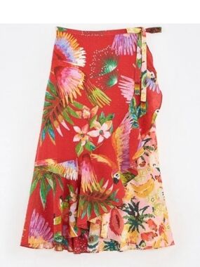 Farm Rio Anthropologie Nadya Tropical Macaw Cotton Wrap Skirt, Size S